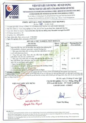 Chứng chỉ kiểm định khả năng chống cháy cao su lưu hóa Remak® Aerogel